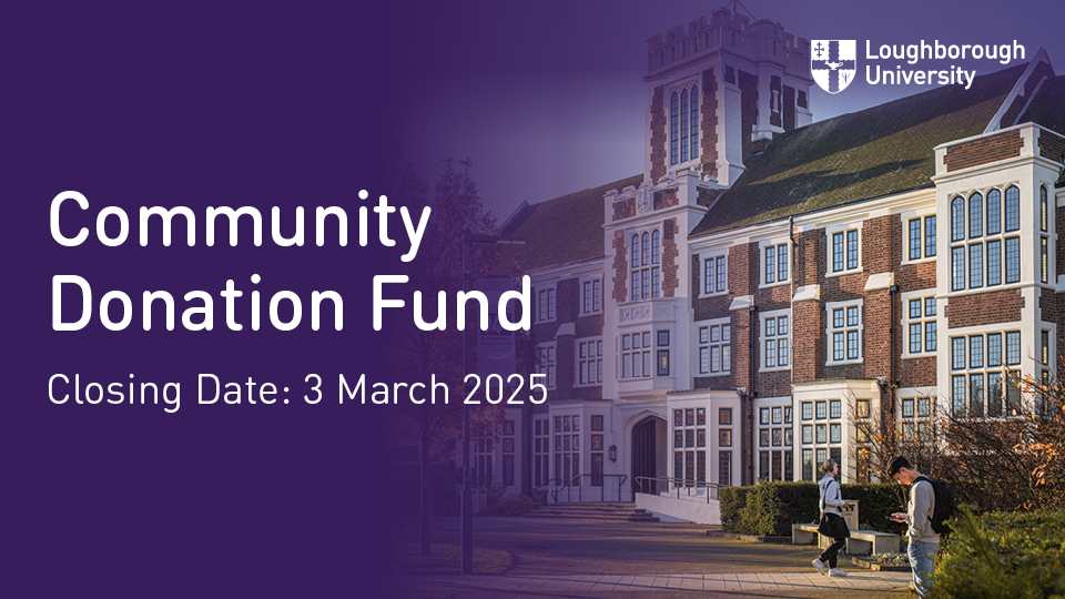 麻豆視頻_麻豆直播_麻豆传媒官网 Community Donation Fund announcement with closing date March 3 2025, featuring the Hazlerigg Building and two people walking.